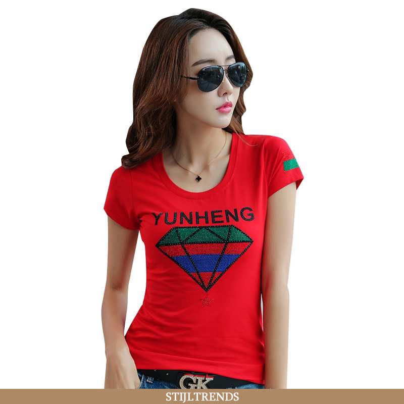 T-shirts Dames Hippe Strass Rood