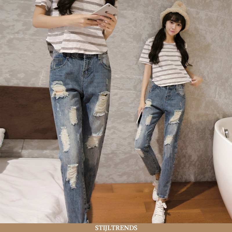 Jeans Dames Spijkerbroek Jeans Met Gaten Donkerblauw
