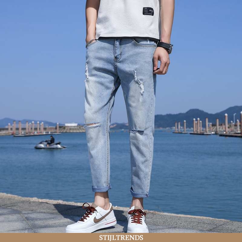 Jeans Heren Spijkerbroek Jeans Denim Met Gaten Donkerblauw