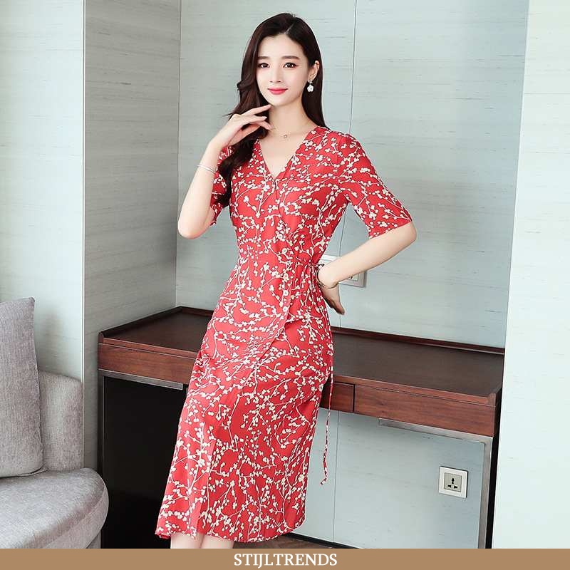 Jurk Dames Bloemen Rood