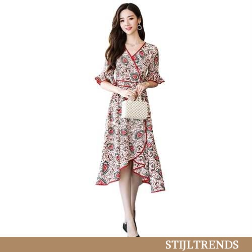 Jurk Dames Bloemen Strakke Beige