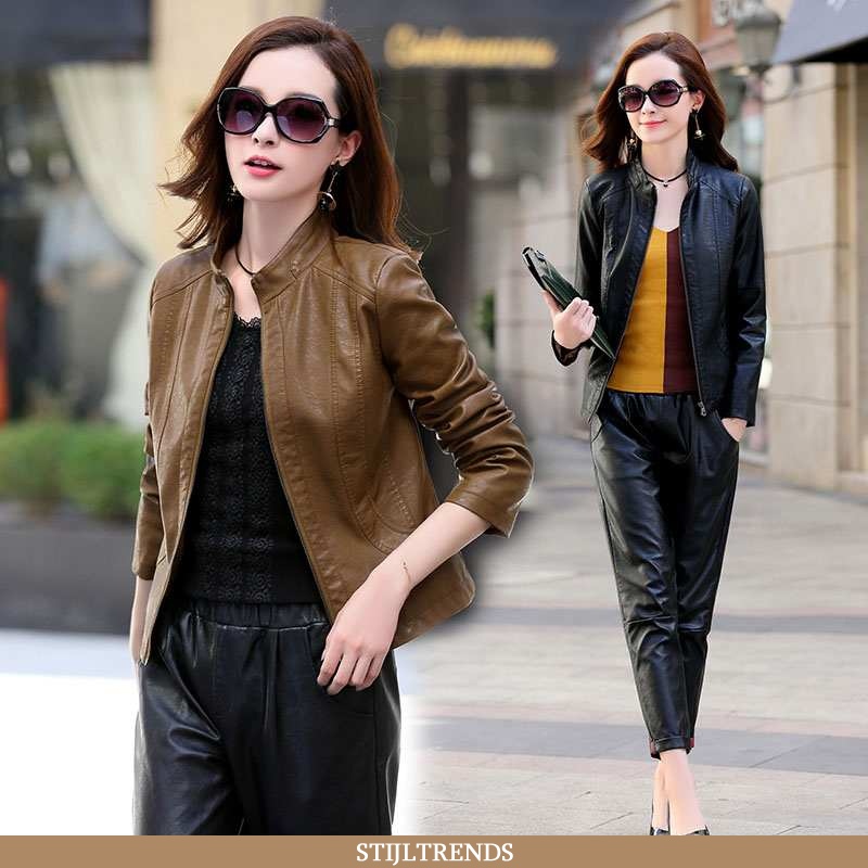 Leren Jas Dames Slim Fit Zwart Zwarte