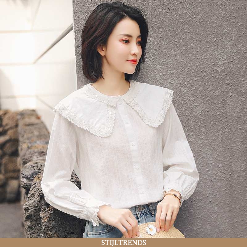 Overhemden Dames Blouse Overhemd Kant Lange Mouwen Effen Kleur