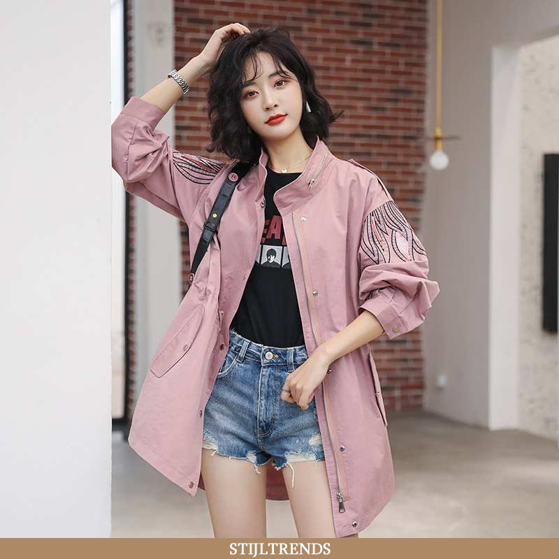 Trenchcoat Dames Lange Effen Kleur Roze