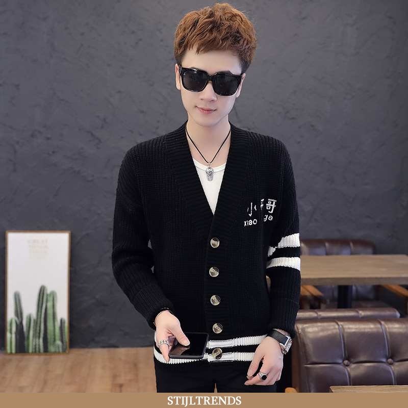 Trui Heren Cardigan Gebreide Slim Fit Zwart